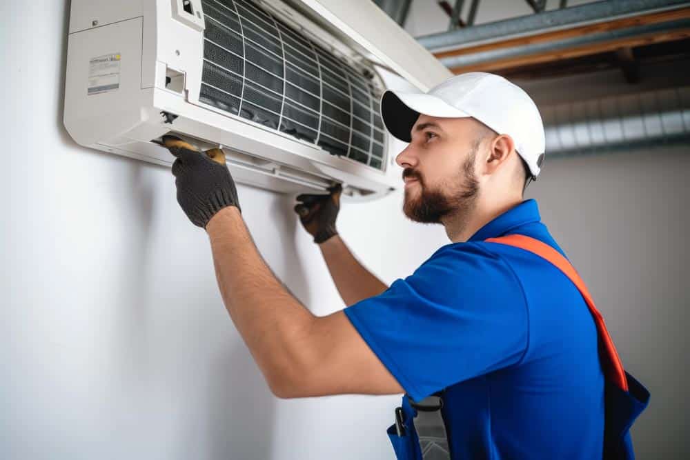 hvac-heatwave-ac-repair An HVAC technician fixes an AC unit