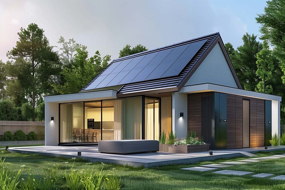 A modern A frame style house with sleek black solar panels on the room.