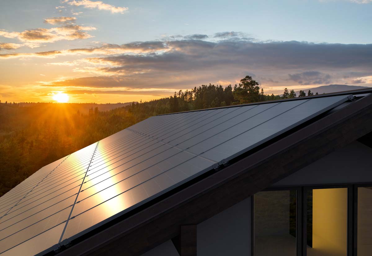 A set of solar panels on a rooftop gleam in the dusk sunlight.