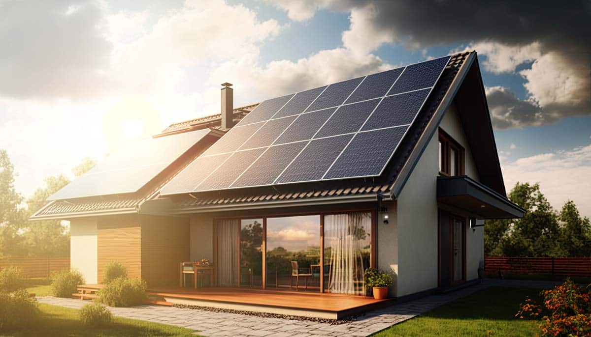 solar-panels-house-sunlight-shadows A suburban bungalow features solar panels on the roof and a lush green backyard with various trees and shrubs.