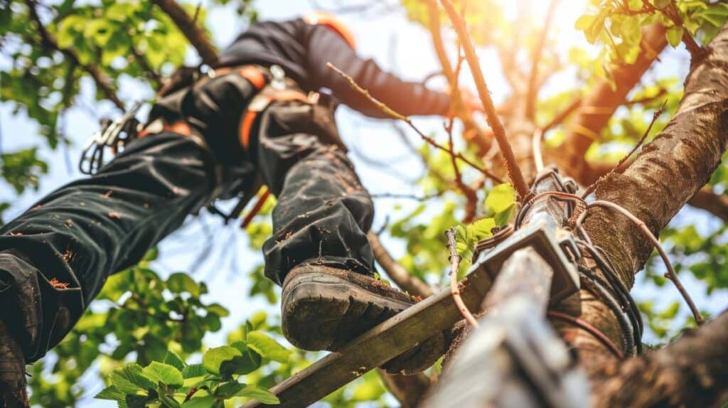 A tree technician climbs a branch