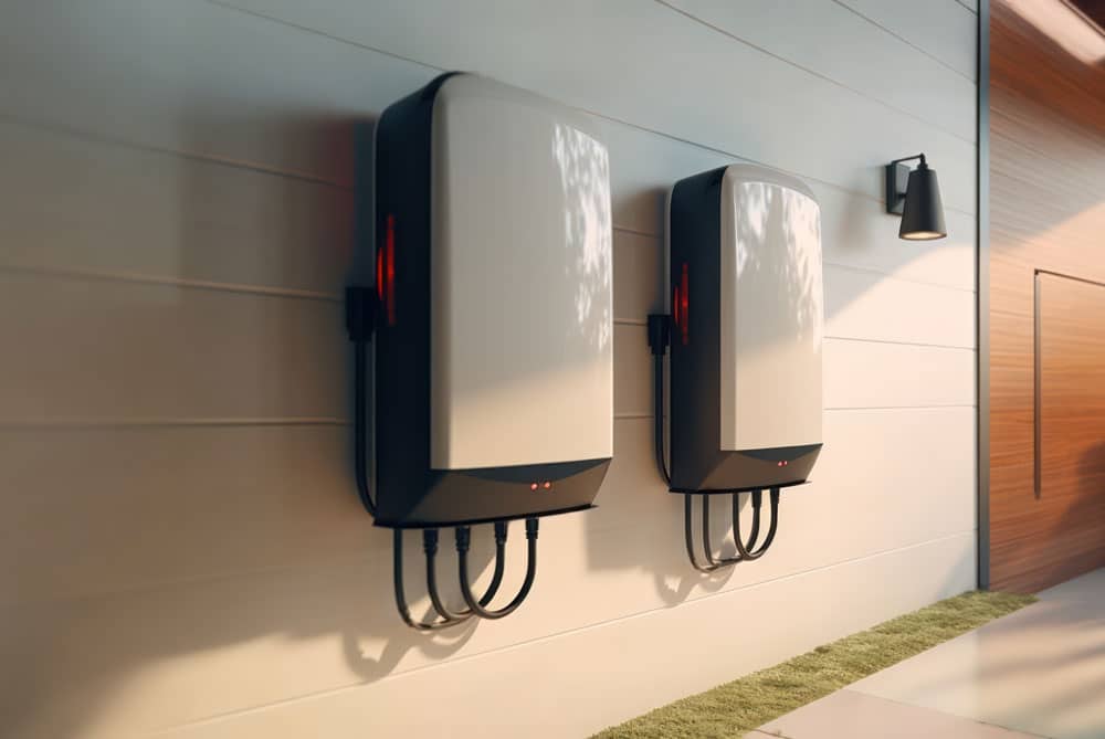 batteries-wall-mount-sunlight A pair of solar batteries geam against a trail of sunlight