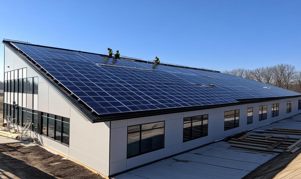 Solar panel technicians install solar panels on a commercial building
